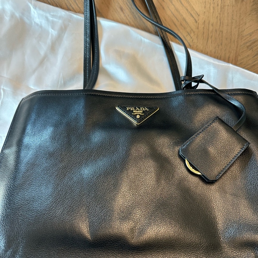 Prada Black Leather Shoulder Bag with Logo Plate